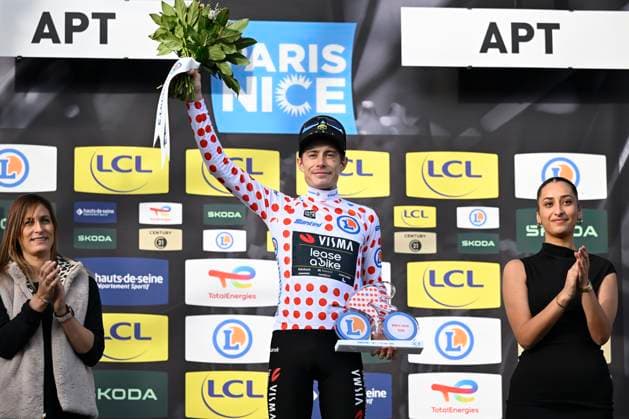 Paris Nice 2026 Stage 6 APT, FRANCE - MARCH 13 : Vingegaard Jonas (DEN) of Team Visma I Lease a Bike pictured with the polka dot jersey during the podium ceremony of stage 6 of the 84th edition of Paris - Nice an UCI World Tour 2.UWT cycling road race stage for Men Elite of 179.3 km with start in Barbentane and finish in Apt on March 13, 2026 in Apt, France, 13 03 2026 ( Motordriver Guy De Vuyst - Apt France  Copyright: xNicoxVereeckenx