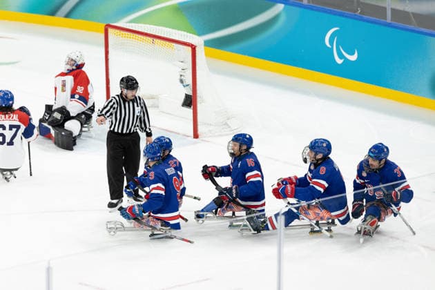 March 13, 2026, Milan, Lombardy, Italy: DECLAN FARMER 16 of USA celebrates scoring his side s second goal in the Semi Final game between Team United States (USA) and Team Czechia (CZE) at the Milano Cortina 2026 Paralympic Winter games, Winterspiele,Spiele, Summer games USA won 6:1 and advances to the Final. Paralympics 2026: Milano Cortina: Para Ice hockey, Eishockey Men s Semi Final: USA 6:1 CZE  - ZUMAc179 20260313_oly_c179_040 Copyright: xMickaelxChavetx
