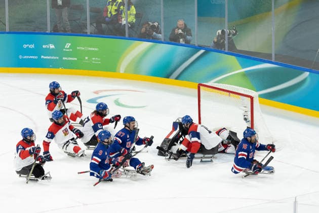 March 13, 2026, Milan, Lombardy, Italy: DECLAN FARMER 16 of USA celebrates scoring his side s second goal in the Semi Final game between Team United States (USA) and Team Czechia (CZE) at the Milano Cortina 2026 Paralympic Winter games, Winterspiele,Spiele, Summer games USA won 6:1 and advances to the Final. Paralympics 2026: Milano Cortina: Para Ice hockey, Eishockey Men s Semi Final: USA 6:1 CZE  - ZUMAc179 20260313_oly_c179_047 Copyright: xMickaelxChavetx