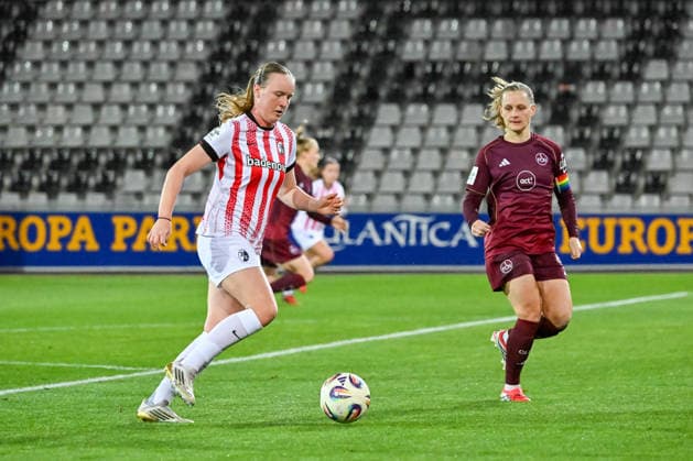 Luca Birkholz (SC Freiburg, 23) am Ball und vor Luisa Guttenberger (1. FC Nuernberg, 04) GER, SC Freiburg - 1. FC Nuernberg, Frauen-Fussball, Google Pixel Frauen-Bundesliga, 20. Spieltag, Saison 2025 2026, 13.03.2026 DFB REGULATIONS PROHIBIT ANY USE OF PHOTOGRAPHS AS IMAGE SEQUENCES AND OR QUASI-VIDEO GER, SC Freiburg - 1. FC Nuernberg, Frauen-Fussball, Google Pixel Frauen-Bundesliga, 20. Spieltag, Saison 2025 2026, 13.03.2026 Freiburg Copyright: xEibner-Pressefoto ThomasxHessx EP_THS
