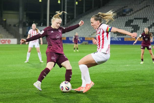 Google Pixel Frauen-Bundesliga: SC Freiburg vs. 1. FC Nürnberg, 13.03.2026 Zweikampf zwischen Franziska Mai (1. FC Nürnberg, 18) und Lisa Karl (SC Freiburg, 2) Google Pixel Frauen-Bundesliga: SC Freiburg vs. 1. FC Nürnberg, Dreisamstadion, 13.03.2026 DFB DFL REGULATIONS PROHIBIT ANY USE OF PHOTOGRAPHS AS IMAGE SEQUENCES AND OR QUASI-VIDEO. Copyright: xBEAUTIFULxSPORTS Boscox