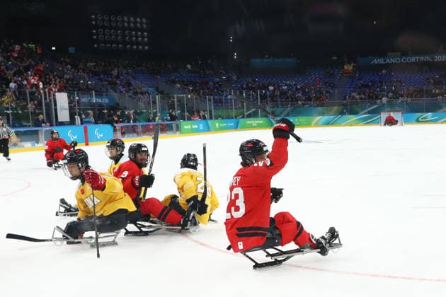 March 13, 2026, Milan, Lombardy, Italy: LIAM HICKEY 23 of Canada scores his side s fourth goal in the Semi Final game between Team Canada (CAN) and Team China (CHN) at the Milano Cortina 2026 Paralympic Winter games, Winterspiele,Spiele, Summer games Canada won 4:2 and advances to the Final against USA. Paralympics 2026: Milano Cortina: Para Ice hockey, Eishockey Men s Semi Final: CAN 4:2 CHN  - ZUMAc179 20260313_oly_c179_203 Copyright: xMickaelxChavetx