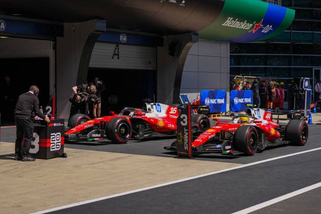 CHINA-MOTORSPORTS F1-SHANGHAI Ferrari™s Lewis Hamilton and Ferrari™s Charles Leclerc in the pits after sprint at Shanghai International Circuit during the F1 Chinese Grand Prix, Shanghai, China, March 14, 2026. NEXPHER Peter Li SHANGHAI