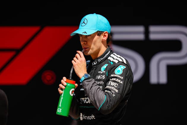 CHINA-MOTORSPORTS F1-SHANGHAI Mercedes™ George Russell drinking from a bottle after winning the Sprint at Shanghai International Circuit during the F1 Chinese Grand Prix, Shanghai, China, March 14, 2026. NEXPHER Peter Li SHANGHAI