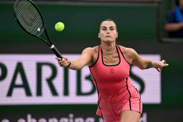 March 13, 2026 Aryna Sabalenka returns a shot against Linda Noskova (CZE) during their semifinal match at the BNP Paribas Open held at the Indian Wells Tennis Garden in Indian Wells, California. California. Mandatory Photo Credit : CSM Indian Wells United States of America - ZUMAc04_ 20260313_zma_c04_215 Copyright: xCharlesxBausx