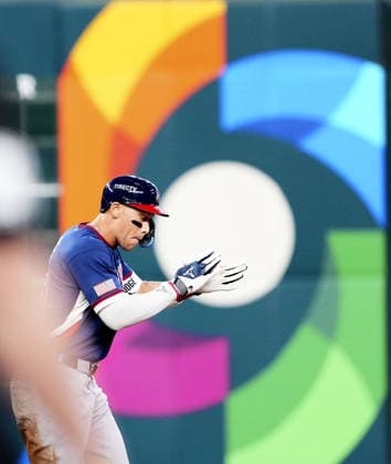 World Baseball Classic: U.S. vs. Canada Aaron Judge of the United States reacts after hitting a double in the first inning of a World Baseball Classic quarterfinal game against Canada at Daikin Park in Houston, Texas, on March 13, 2026.  A14AA0005381903P