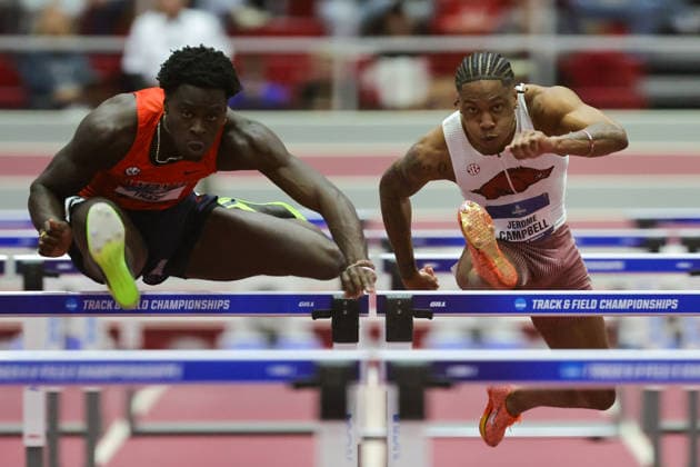 March 13, 2026: Auburn hurdler JaKobe Tharp and Jerome Campbell of Arkansas compete in the 60 Meter Hurdles. .The 2026 NCAA, College League, USA indoor track and field finals are being held in Fayetteville, AR. CSM Fayetteville USA - ZUMAcm9_ 20260313_faf_cm9_150 Copyright: xRicheyxMillerx