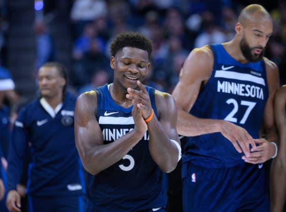 NBA, Basketball Herren, USA Minnesota Timberwolves vs Golden State Warriors in San Francisco SAN FRANCISCO, CALIFORNIA - MARCH 13: Anthony Edwards (5) of Timberwolves reacts during the NBA game 34 between Minnesota Timberwolves and Golden State Warriors in San Francisco at Chase Center on March 13, 2026 in San Francisco, California, United States. Tayfun Coskun Anadolu California United States. Editorial use only. Please get in touch for any other usage.  Copyright: x2026xAnadoluxTayfunxCoskunx