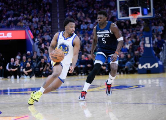 NBA, Basketball Herren, USA Minnesota Timberwolves vs Golden State Warriors in San Francisco SAN FRANCISCO, CALIFORNIA - MARCH 13: LJ Cryer (18) of Warriors in action against Anthony Edwards (5) of Timberwolves during the NBA game 34 between Minnesota Timberwolves and Golden State Warriors in San Francisco at Chase Center on March 13, 2026 in San Francisco, California, United States. Tayfun Coskun Anadolu California United States. Editorial use only. Please get in touch for any other usage.  Copyright: x2026xAnadoluxTayfunxCoskunx