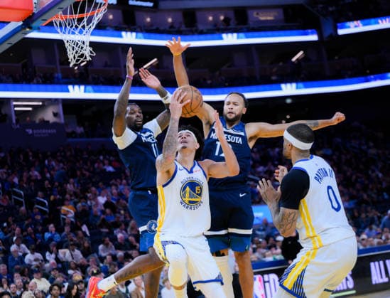 NBA, Basketball Herren, USA Minnesota Timberwolves vs Golden State Warriors in San Francisco SAN FRANCISCO, CALIFORNIA - MARCH 13: Gui Santosi (15) of Warriors in action against Naz Reid (11) and Kyle Anderson (12) of Timberwolves during the NBA game 34 between Minnesota Timberwolves and Golden State Warriors in San Francisco at Chase Center on March 13, 2026 in San Francisco, California, United States. Tayfun Coskun Anadolu California United States. Editorial use only. Please get in touch for any other usage.  Copyright: x2026xAnadoluxTayfunxCoskunx