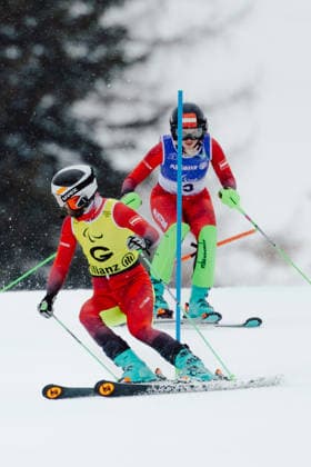 PARALYMPICS - Winter Paralympics Milano Cortina 2026 CORTINA D AMPEZZO,ITALY,14.MAR.26 - PARALYMPICS, ALPINE SKIING - Paralympic Winter games, Winterspiele,Spiele, Summer games Milano Cortina 2026, slalom, women. Image shows guide Eric Digruber and Veronika Aigner (AUT).  GEPAxpictures xMatthiasxTrinkl