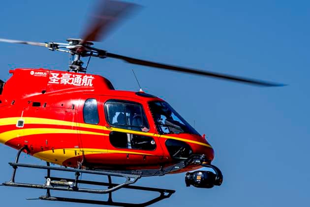 SHANGHAI - Media helicopter with camera during the Formula 1 China Shanghai qualifying at the Shanghai International Circuit on March 14, 2025 in Shanghai, China. (Photo by DeFodi Images) -