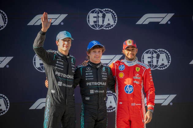 Shanghai Formula 1 Chinese Grand Prix - Qualification 63 George Russell (Mercedes), 12 Kimi Antonelli (Mercedes) and 44 Lewis Hamilton (Ferrari) after the qualification race of the Formula One Grand Prix at the Shanghai International Circuit in Shanghai on March 14, 2026. Photo by Eliot Blondet ABACAPRESS.COM Shanghai Chine China  Copyright: xBlondetxEliot ABACAx