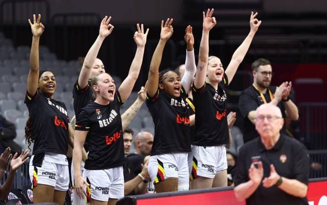 Belgian Cats players celebrate during a basket game between Belgium s national team, Nationalteam Belgian Cats and Mali, in Wuhan, China, on Saturday 14 March 2026, the third game (out of 5) of the qualifications phase for the World Cup Basket tournament. NIKOLAxKRSTIC  x167429432x