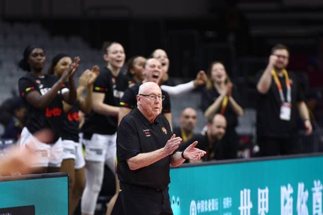 Belgium s head coach Mike Thibault celebrates during a basket game between Belgium s national team, Nationalteam Belgian Cats and Mali, in Wuhan, China, on Saturday 14 March 2026, the third game (out of 5) of the qualifications phase for the World Cup Basket tournament. NIKOLAxKRSTIC  x167429852x
