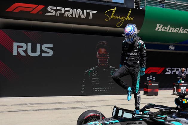 Sprint & Qualifying F1 Grand Prix Of China in Shanghai, China - 14 Mar 2026 Sprint winner George Russell of Great Britain and Mercedes AMG Petronas F1 team celebrates in parc ferme during the Sprint ahead of the F1 Grand Prix of China at Shanghai International Circuit. Shanghai China Copyright: xPolyxFeix xSOPAxImagesx 20260314_F13124_278