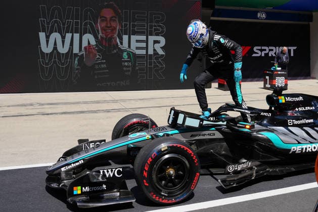 March 14, 2026, Shanghai, China: Sprint winner George Russell of Great Britain and Mercedes AMG Petronas F1 team celebrates in parc ferme during the Sprint ahead of the F1 Grand Prix of China at Shanghai International Circuit. Sprint & Qualifying F1 Grand Prix Of China In Shanghai, China - 14 Mar 2026  - ZUMAs197 20260314_aaa_s197_003 Copyright: xPolyxFeix