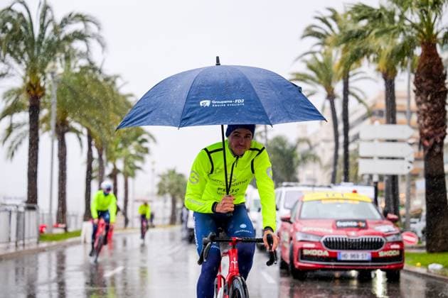 Picture shows the extreme rain conditions pictured before the start of the seventh stage of the 84th edition of the Paris-Nice cycling race, from Nice to Isola (120,4 km), on Saturday 14 March 2026. DAVIDxPINTENS  x167432888x