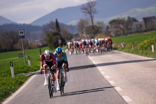 Van Der Poel Mathieu Of Alpecin-Premier Tech and Bettiol Alberto Of Xds Astana Team during the 188-kilometer Stage 6 of the Tirreno-Adriatico cycling race from San Severino Marche to Camerino - Italy - Saturday, March 14, 2026. - cycling.  Copyright: xMarcoxAlpozzi LaPressex