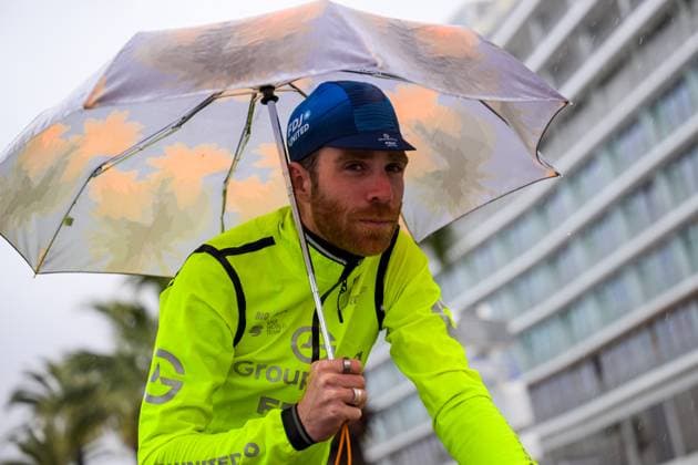 Picture shows the extreme rain conditions pictured before the start of the seventh stage of the 84th edition of the Paris-Nice cycling race, from Nice to Isola (120,4 km), on Saturday 14 March 2026. DAVIDxPINTENS  x167433661x