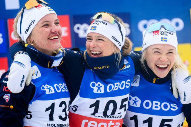 260314 Linn Svahn, Frida Karlsson and Jonna Sundling of Sweden celebrate on the podium after women s 50 km free technique mass start during the FIS Cross-Country World Cup on March 14, 2026 in Oslo. Photo: Jon Olav Nesvold BILDBYRAN COP 217 JE0132 skidor cross-country skiing langrenn fis world cup holmenkollen bbeng dam jubel sverige sweden *** 260314 Linn Svahn, Frida Karlsson and Jonna Sundling of Sweden celebrate on the podium after women s 50 km free technique mass start during the FIS Cross Country World Cup on March 14, 2026 in Oslo Photo Jon Olav Nesvold BILDBYRAN COP 217 JE0132 skidor cross country skiing langrenn fis world cup holmenkollen bbeng dam jubel sverige sweden  Copyright: JONxOLAVxNESVOLD BB260314JE109