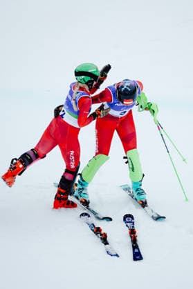 PARALYMPICS - Winter Paralympics Milano Cortina 2026 CORTINA D AMPEZZO,ITALY,14.MAR.26 - PARALYMPICS, ALPINE SKIING - Paralympic Winter games, Winterspiele,Spiele, Summer games Milano Cortina 2026, slalom, women. Image shows the rejoicing of Elina Stary and Veronika Aigner (AUT).  GEPAxpictures xMaticxKlansek