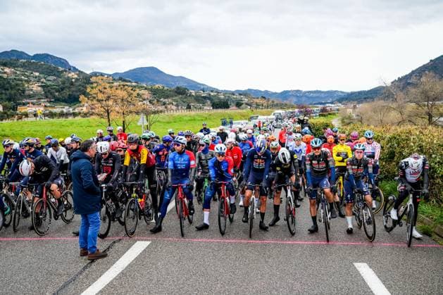 Thierry Gouvenou and The pack of riders pictured before the start of the seventh stage of the 84th edition of the Paris-Nice cycling race, from Nice to Isola (120,4 km), on Saturday 14 March 2026. DAVIDxPINTENS  x167438114x