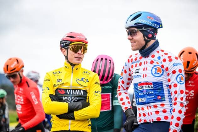 Danish Jonas Vingegaard of Team Visma-Lease a Bike and Danish Casper Pedersen of Soudal Quick-Step pictured before the start of the seventh stage of the 84th edition of the Paris-Nice cycling race, from Nice to Isola (120,4 km), on Saturday 14 March 2026. DAVIDxPINTENS  x167438335x