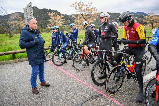 Paris Nice 2026 Stage 7 AURON, FRANCE - MARCH 14 : Gouvenou Thierry (FRA) race director of ASO at the start line during stage 7 of the 84th edition of Paris - Nice an UCI World Tour 2.UWT cycling road race stage for Men Elite of 138.7 km with start in Nice and finish in Auron on March 14, 2026 in Auron, France, 14 03 2026 ( Motordriver Guy De Vuyst - Auron France  Copyright: xNicoxVereeckenx