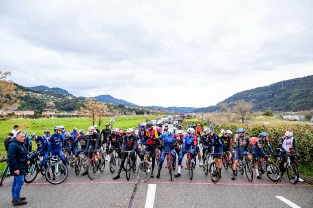 Thierry Gouvenou and The pack of riders pictured before the start of the seventh stage of the 84th edition of the Paris-Nice cycling race, from Nice to Isola (120,4 km), on Saturday 14 March 2026. DAVIDxPINTENS  x167438494x