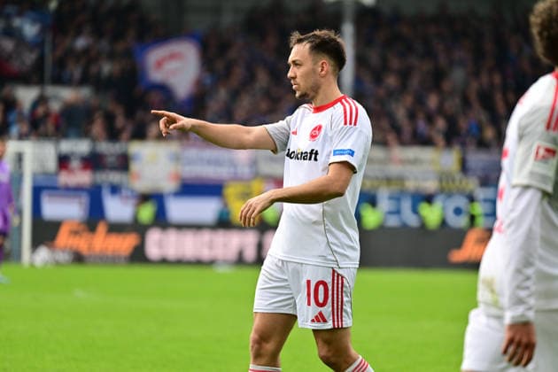 14.03.2026, Fußball, Herren, 2.BL (Bundesliga), Saison 2025 2026, Holstein Kiel - 1. FC Nürnberg, 26. Spieltag Torschütze Julian Justvan Kiel, Holstein-Stadion Holstein-Stadion Schleswig-Holstein Deutschland
