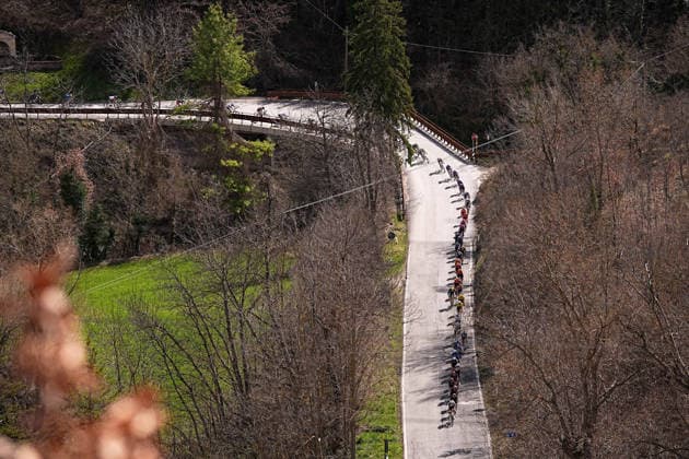 The pack rides cycles during the 188-kilometer Stage 6 of the Tirreno-Adriatico cycling race from San Severino Marche to Camerino - Italy - Saturday, March 14, 2026. - cycling.  Copyright: xMarcoxAlpozzi LaPressex