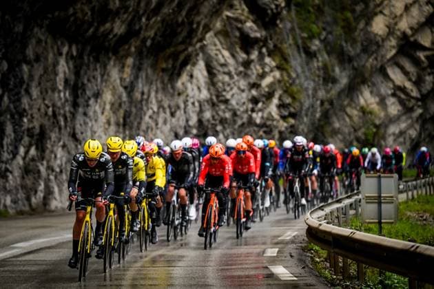 The pack of riders pictured in action during the seventh stage of 84th edition of the Paris-Nice cycling race, from Nice to Isola (120,4 km), on Saturday 14 March 2026. DAVIDxPINTENS  x167442833x
