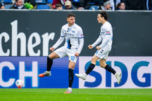 14.03.2026 - Fußball, 2025 2026, 2. Bundesliga, 26. Spieltag, DSC Arminia Bielefeld - SC Paderborn 07: (L-R) Stefano Marino (Paderborn) jubelt nach seinem Tor zum 1:1 mit Mika Baur (Paderborn) DFL REGULATIONS PROHIBIT ANY USE OF PHOTOGRAPHS AS IMAGE SEQUENCES AND OR QUASI-VIDEO.
