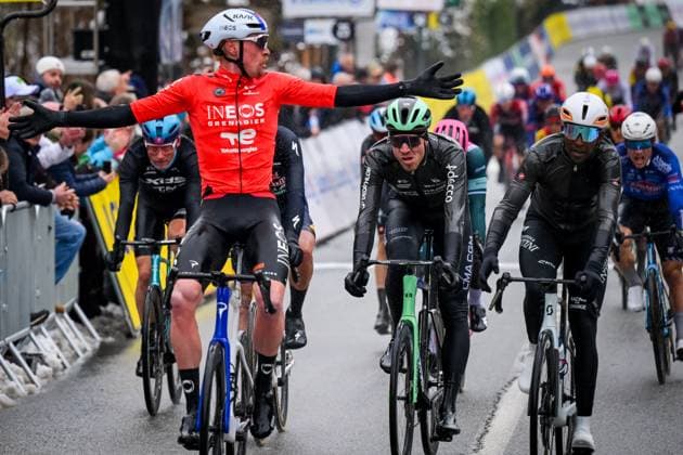 French Dorian Godon of INEOS Grenadiers celebrates as he crosses the finish line to win the seventh stage of 84th edition of the Paris-Nice cycling race, from Nice to Isola (120,4 km), on Saturday 14 March 2026. DAVIDxPINTENS  x167446389x