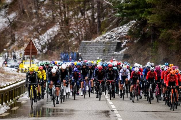 The pack of riders pictured in action during the seventh stage of 84th edition of the Paris-Nice cycling race, from Nice to Isola (120,4 km), on Saturday 14 March 2026. DAVIDxPINTENS  x167446420x