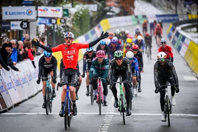 French Dorian Godon of INEOS Grenadiers celebrates as he crosses the finish line to win the seventh stage of 84th edition of the Paris-Nice cycling race, from Nice to Isola (120,4 km), on Saturday 14 March 2026. DAVIDxPINTENS  x167446848x