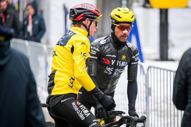 Danish Jonas Vingegaard of Team Visma-Lease a Bike and Belgian Victor Campenaerts of Team Visma-Lease a Bike pictured after the seventh stage of 84th edition of the Paris-Nice cycling race, from Nice to Isola (120,4 km), on Saturday 14 March 2026. DAVIDxPINTENS  x167447942x