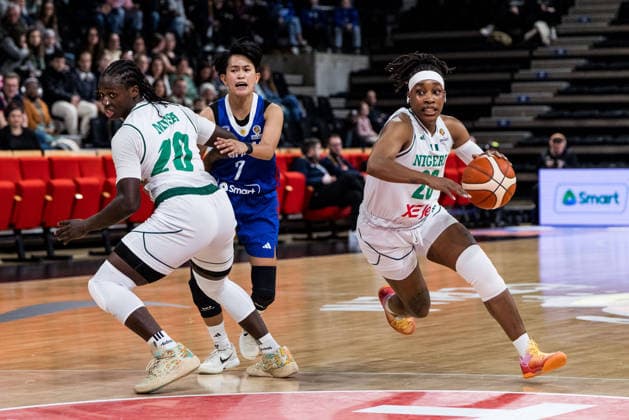 LYON-VILLEURBANNE, FRANCE - MARCH 14: Ezinne Kalu (Nigeria, 23) controls the ball during the FIBA Women™s World Cup Qualifying Tournament match between Nigeria (NGR) vs. Philippines (PHI) at Astroballe on matchday 3 of the FIBA Women™s World Cup Qualifying Tournament on March 14, 2026 in Lyon-Villeurbanne, France. France Copyright: xSteffiexWunderlx