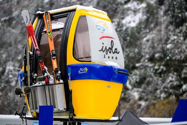 A ski cabin is seen at the finish of the seventh stage of 84th edition of the Paris-Nice cycling race, from Nice to Isola (120,4 km), on Saturday 14 March 2026. DAVIDxPINTENS  x167448761x