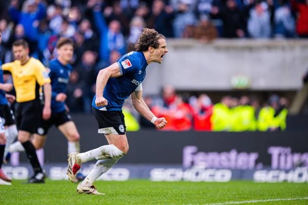 14.03.2026 - Fußball, 2025 2026, 2. Bundesliga, 26. Spieltag, DSC Arminia Bielefeld - SC Paderborn 07: Mael Corboz (Bielefeld) jubelt nach seinem Tor zum 2:2 DFL REGULATIONS PROHIBIT ANY USE OF PHOTOGRAPHS AS IMAGE SEQUENCES AND OR QUASI-VIDEO.