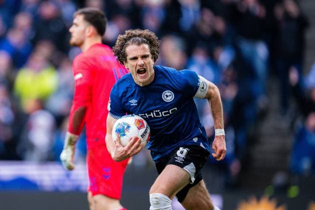 14.03.2026 - Fußball, 2025 2026, 2. Bundesliga, 26. Spieltag, DSC Arminia Bielefeld - SC Paderborn 07: Mael Corboz (Bielefeld) jubelt nach seinem Tor zum 2:2 DFL REGULATIONS PROHIBIT ANY USE OF PHOTOGRAPHS AS IMAGE SEQUENCES AND OR QUASI-VIDEO.