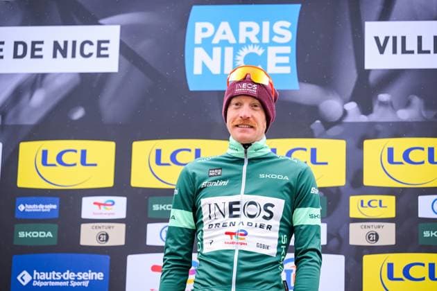 French Dorian Godon of INEOS Grenadiers celebrates on the podium in the green points jersey the seventh stage of 84th edition of the Paris-Nice cycling race, from Nice to Isola (120,4 km), on Saturday 14 March 2026. DAVIDxPINTENS  x167449554x