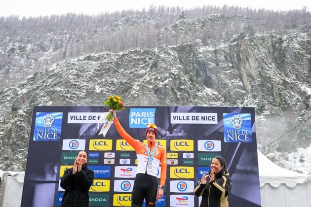 French Dorian Godon of INEOS Grenadiers celebrate on the podium after winning the seventh stage of 84th edition of the Paris-Nice cycling race, from Nice to Isola (120,4 km), on Saturday 14 March 2026. DAVIDxPINTENS  x167449582x