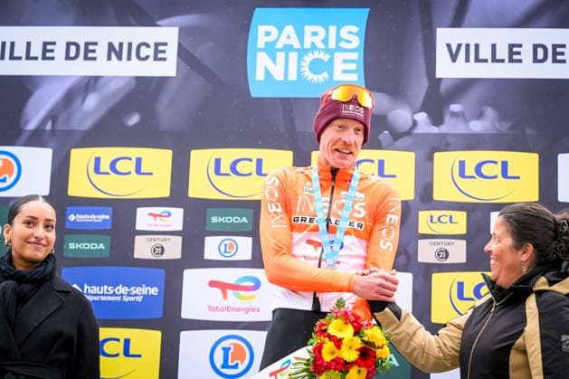 French Dorian Godon of INEOS Grenadiers celebrate on the podium after winning the seventh stage of 84th edition of the Paris-Nice cycling race, from Nice to Isola (120,4 km), on Saturday 14 March 2026. DAVIDxPINTENS  x167449593x