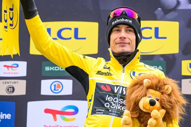 Danish Jonas Vingegaard of Team Visma-Lease a Bike celebrates in the yellow jersey of leader in the overall ranking after the seventh stage of 84th edition of the Paris-Nice cycling race, from Nice to Isola (120,4 km), on Saturday 14 March 2026. DAVIDxPINTENS  x167450471x