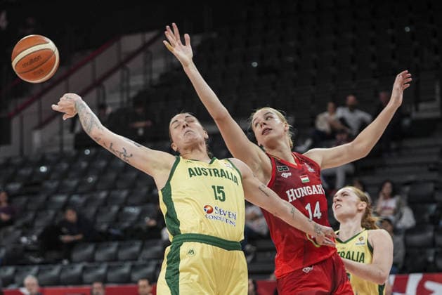 Australia v Hungary - FIBA Women World Cup Qualifiers ISTANBUL, TURKIYE - MARCH 14: Australia player Cayla George (15) and Hungary player Dorka Juhasz (14) battle for the ball during the FIBA Women World Cup Qualifiers Group C match between Australia and Hungary at the Turkcell Basketball Development Center in Istanbul, Turkiye on March 14, 2026. Beyza Comert Anadolu Istanbul Turkey. Editorial use only. Please get in touch for any other usage.  Copyright: x2026xAnadoluxBeyzaxComertx