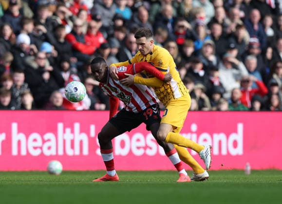 Sunderland, England, 14th March 2026. Habib Diarra (L) of Sunderland in action with Pascal Gross of Brighton and Hove Albion during the Sunderland vs Brighton and Hove Albion Premier League match at the Stadium Of Light, Sunderland. Picture credit should read: Nigel Roddis Sportimage EDITORIAL USE ONLY. No use with unauthorised audio, video, data, fixture lists, club league logos or live services. Online in-match use limited to 120 images, no video emulation. No use in betting, games or single club league player publications. SPI_010_NR_SUND_BRIG SPI-4601-0010
