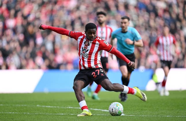 Noah Sadiki of Sunderland shoots at goal Sunderland v Brighton and Hove Albion, Premier League, Football, Stadium of Light, Sunderland, UK - 14 Mar 2026Sunderland Stadium of Light United Kingdom EDITORIAL USE ONLY No use with unauthorised audio, video, data, fixture lists, club league logos or live services. Online in-match use limited to 120 images, no video emulation. No use in betting, games or single club league player publications. Copyright: xGreigxCowie Shutterstockx 16757170ah