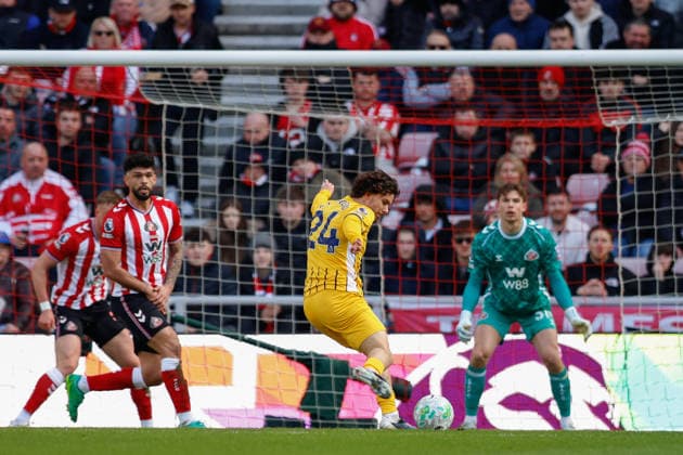 Sunderland v Brighton and Hove Albion, Premier League Ferdi KadÄ±oglu of Brighton & Hove Albion shoots at goal during the Premier League match between Sunderland and Brighton and Hove Albion at the Stadium Of Light, Sunderland, UK on 14 March 2026. Sunderland Stadium Of Light Tyne and Wear UK Editorial use only DataCo restrictions apply See www.football-dataco.com , Copyright: xCraigxCowanx PSI-23898-0058